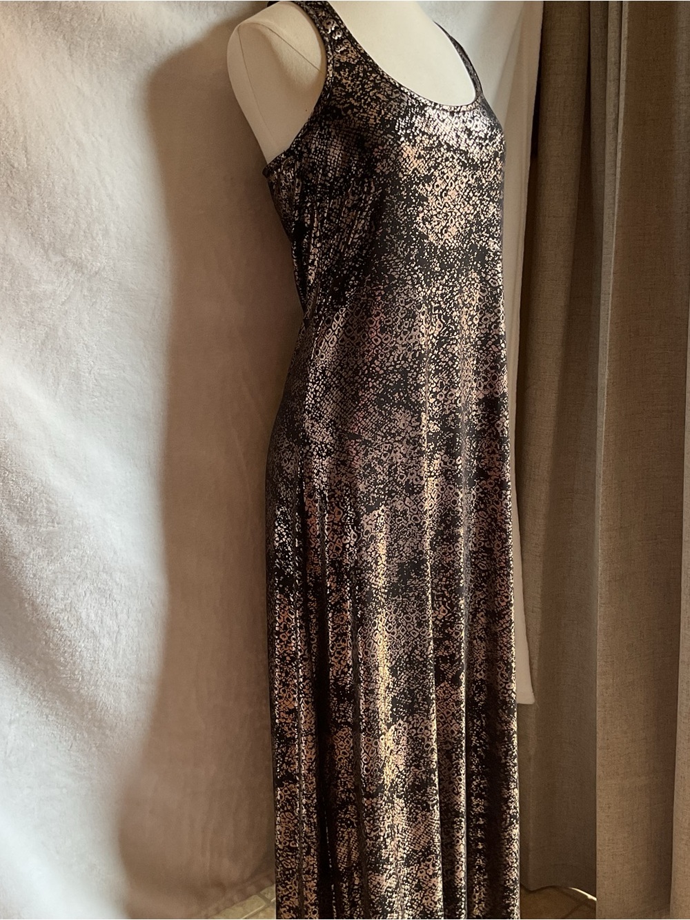 Vintage Y2K Jet Set Shine Black Gold Foil Snakeskin Racerback Long Maxi Dress L